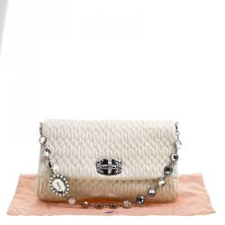 Miu Miu Cream Matelassé Leather Crystal Flap Shoulder Bag