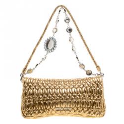 Pre Owned Miu Miu Gold Matelassé Leather Crystal Flap Shoulder Bag