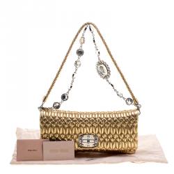 Pre Owned Miu Miu Gold Matelassé Leather Crystal Flap Shoulder Bag