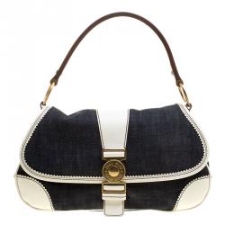 Miu Miu Navy Blue/White Denim and Leather Top Handle Bag