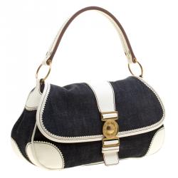 Miu Miu Navy Blue/White Denim and Leather Top Handle Bag