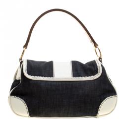 Miu Miu Navy Blue/White Denim and Leather Top Handle Bag