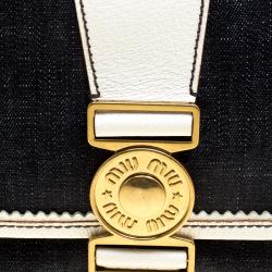 Miu Miu Navy Blue/White Denim and Leather Top Handle Bag