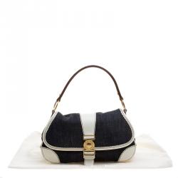 Miu Miu Navy Blue/White Denim and Leather Top Handle Bag