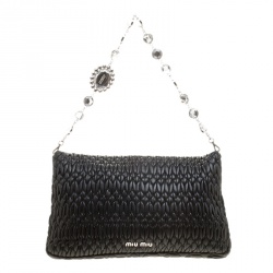 Miu Miu Black Matelassé Leather Crystal Flap Shoulder Bag