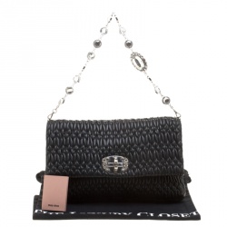 Miu Miu Black Matelassé Leather Crystal Flap Shoulder Bag