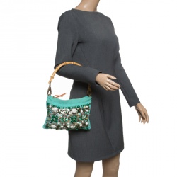 Pre Owned حقيبة ميو ميو يد بامبو خرزات وترتر خضراء