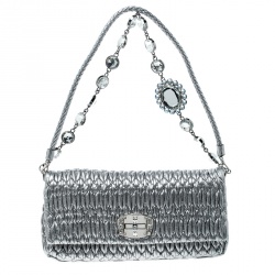 Miu Miu Silver Matelassé Leather Crystal Flap Shoulder Bag