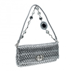 Miu Miu Silver Matelassé Leather Crystal Flap Shoulder Bag