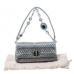 Miu Miu Silver Matelassé Leather Crystal Flap Shoulder Bag