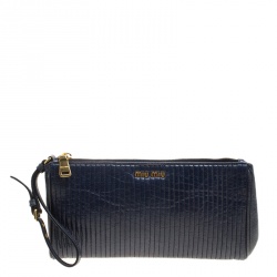 Pre Owned Miu Miu Blue Matelasse Leather Wristlet Clutch