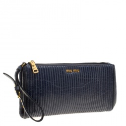 Pre Owned Miu Miu Blue Matelasse Leather Wristlet Clutch
