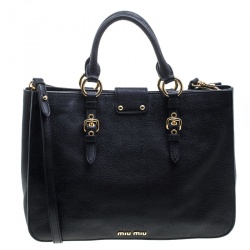 Pre Owned Miu Miu Black Leather Madras Executive Tote