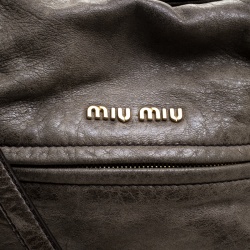 Pre Owned Miu Miu Khaki Distressed Leather Charm Satchel