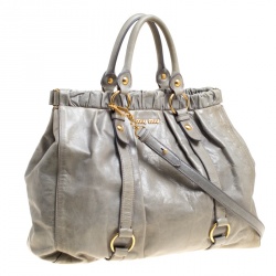 Pre Owned Miu Miu Sage Green Glazed Leather Large Luxe Ruched Top Handle Bag