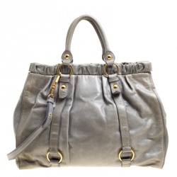 Pre Owned Miu Miu Sage Green Glazed Leather Large Luxe Ruched Top Handle Bag