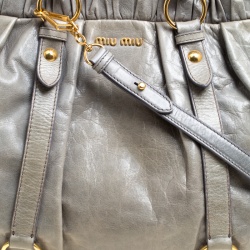 Pre Owned Miu Miu Sage Green Glazed Leather Large Luxe Ruched Top Handle Bag