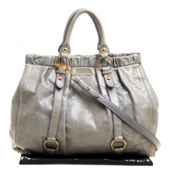 Pre Owned Miu Miu Sage Green Glazed Leather Large Luxe Ruched Top Handle Bag