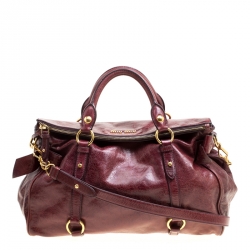 Pre Owned Miu Miu Burgundy Glazed Leather Bow Top Handle Bag