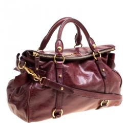 Pre Owned Miu Miu Burgundy Glazed Leather Bow Top Handle Bag