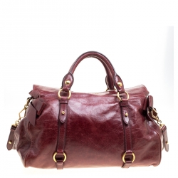 Pre Owned Miu Miu Burgundy Glazed Leather Bow Top Handle Bag