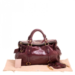 Pre Owned Miu Miu Burgundy Glazed Leather Bow Top Handle Bag