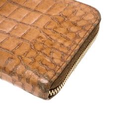 Pre Owned Miu Miu Brown Croc Embossed Leather Zip Around Wallet