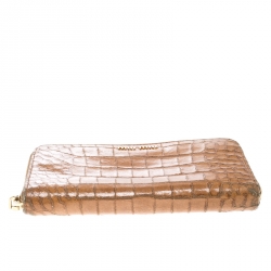 Pre Owned Miu Miu Brown Croc Embossed Leather Zip Around Wallet