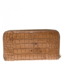 Pre Owned Miu Miu Brown Croc Embossed Leather Zip Around Wallet