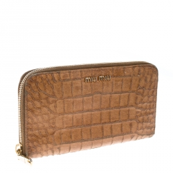 Pre Owned Miu Miu Brown Croc Embossed Leather Zip Around Wallet