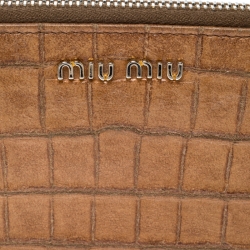 Pre Owned Miu Miu Brown Croc Embossed Leather Zip Around Wallet