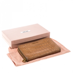 Pre Owned Miu Miu Brown Croc Embossed Leather Zip Around Wallet