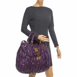 Pre Owned Miu Miu Purple Matelasse Leather Large Shopper Tote