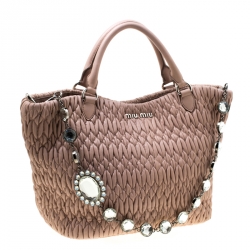 Pre Owned Miu Miu Pink Matelasse Nappa Leather Crystal Tote