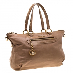 Miu Miu Beige Leather Studded Heart Charm Top Handle Bag