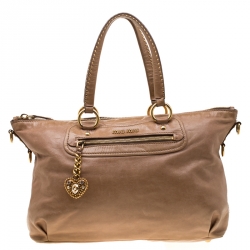 Miu Miu Beige Leather Studded Heart Charm Top Handle Bag