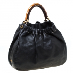 Miu Miu Black Leather Wooden Handle Hobo