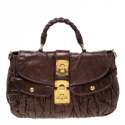 Pre Owned Miu Miu Dark Brown Matelasse Lux Leather Coffer Hobo
