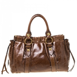 Pre Owned حقيبة ميو ميو يد علوية مكشكشة لوكس جلد لامع بني