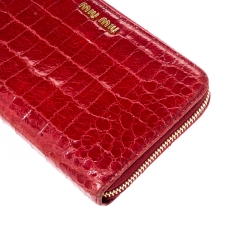 Miu Miu Red Croc Embossed Leather Zip Around Wallet