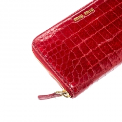 Miu Miu Red Croc Embossed Leather Zip Around Wallet