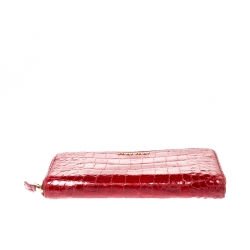 Miu Miu Red Croc Embossed Leather Zip Around Wallet