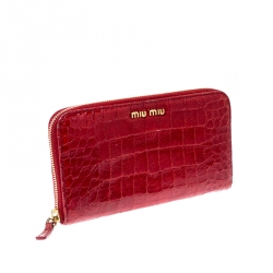 Miu Miu Red Croc Embossed Leather Zip Around Wallet