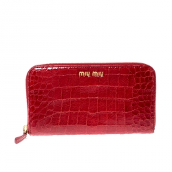 Miu Miu Red Croc Embossed Leather Zip Around Wallet