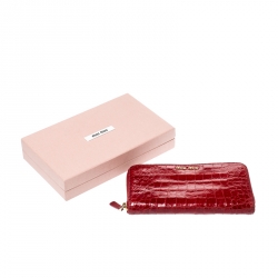Miu Miu Red Croc Embossed Leather Zip Around Wallet