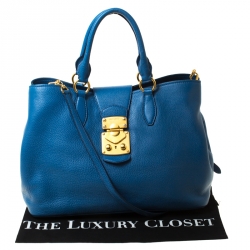 Pre Owned Miu Miu Blue Pebbled Leather Convertible Tote