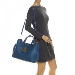 Pre Owned Miu Miu Blue Pebbled Leather Convertible Tote