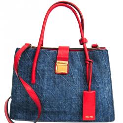 Pre Owned Miu Miu Navy Blue/Red Denim Leather Shoulder Bag