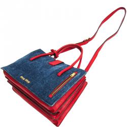 Pre Owned Miu Miu Navy Blue/Red Denim Leather Shoulder Bag