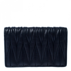 Pre Owned Miu Miu Navy Blue Matelassé Leather Bifold Card Holder